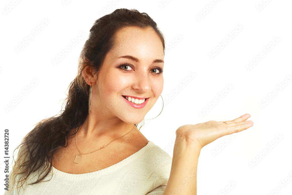 pretty woman with her hand up pretty woman with her hand up