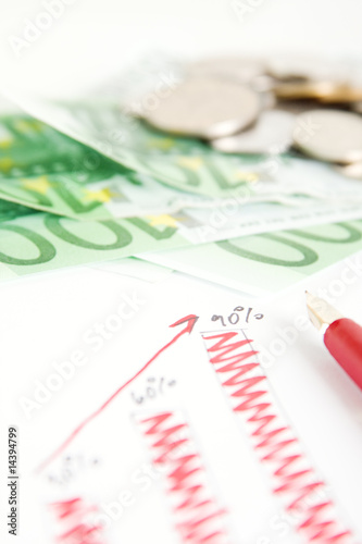 Quadro su tela Euro banknotes and a pen on a graph