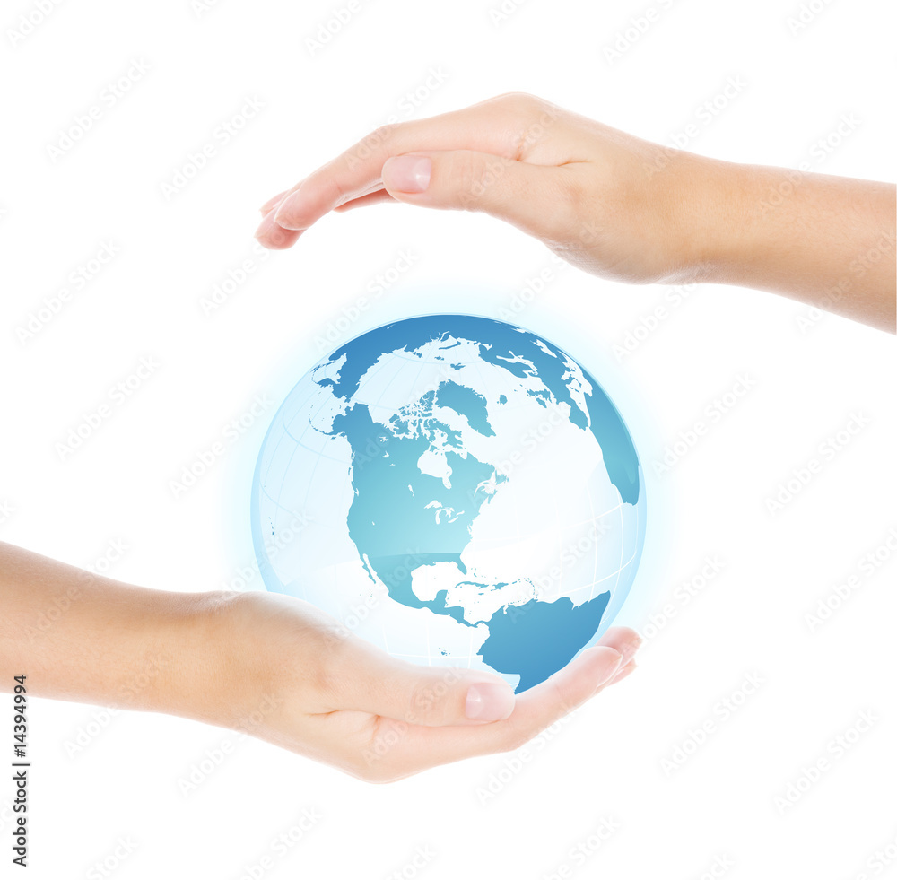 Hands holding and protecting earth, isolated on white Hands holding and protecting earth, isolated on white