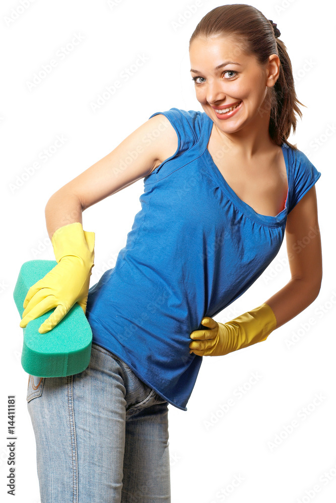 A cute woman maid cleaner with sponge A cute woman maid cleaner with sponge