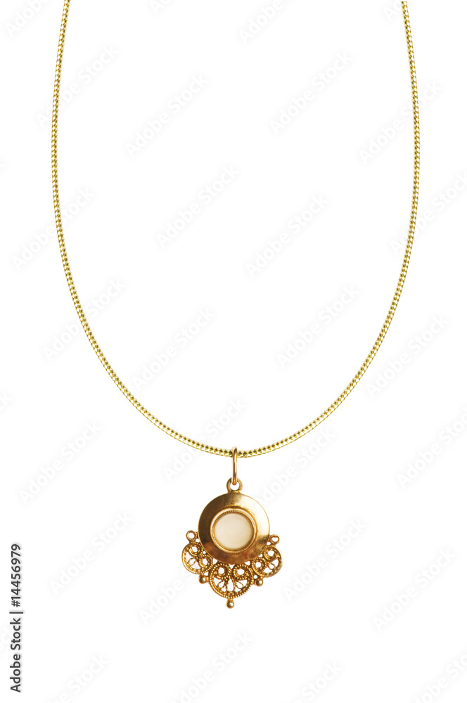 Pendant on golden chain isolated on the white