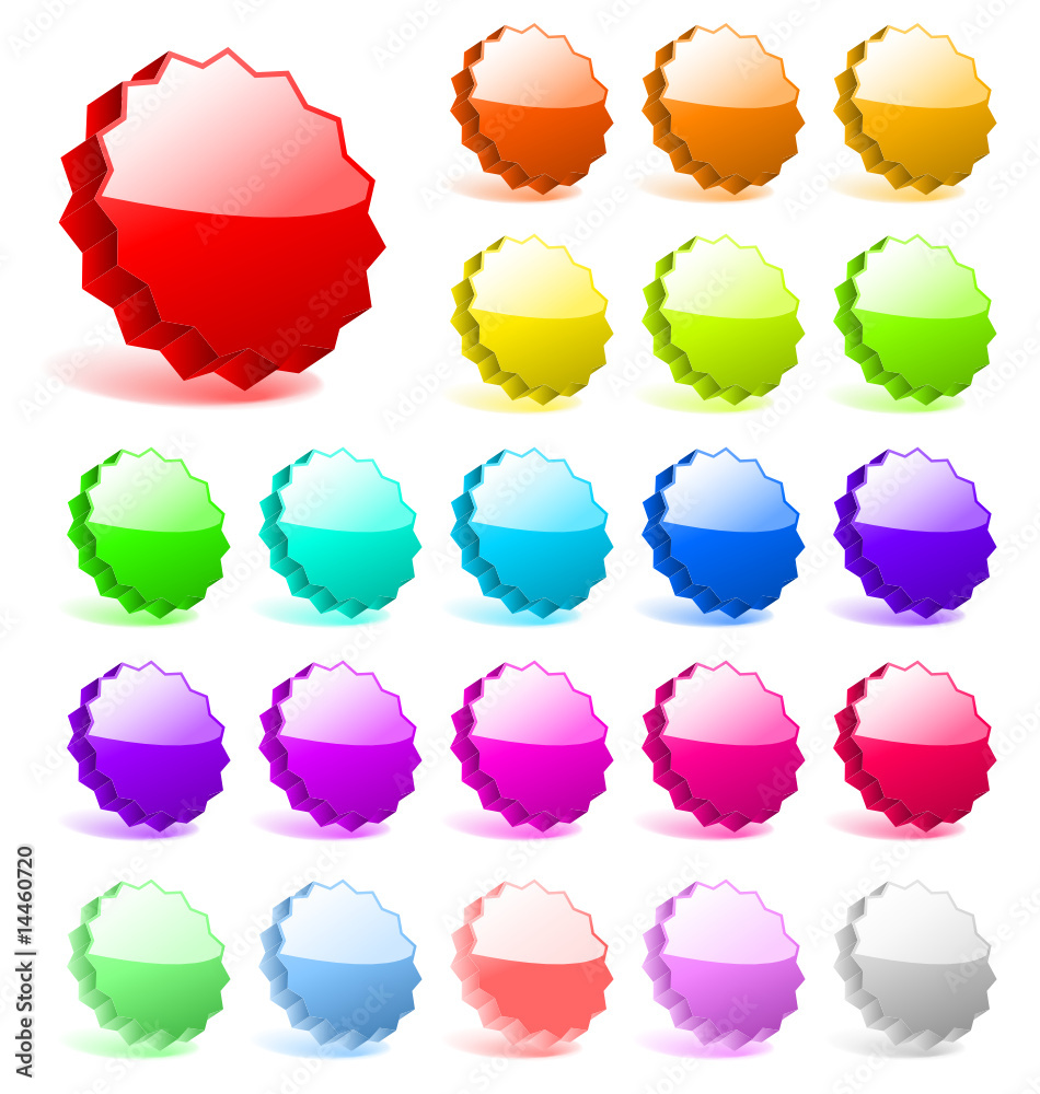 3D star burst glossy shiny vector elements set, different colors three-dimensional ccollection, metall glass reflection effect, editable empty space for promo, orange green, round, blank colorful