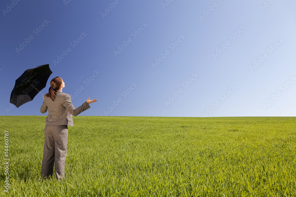 Business Concept Woman In A Green Field With An Umbrella Business Concept Woman In A Green Field With An Umbrella