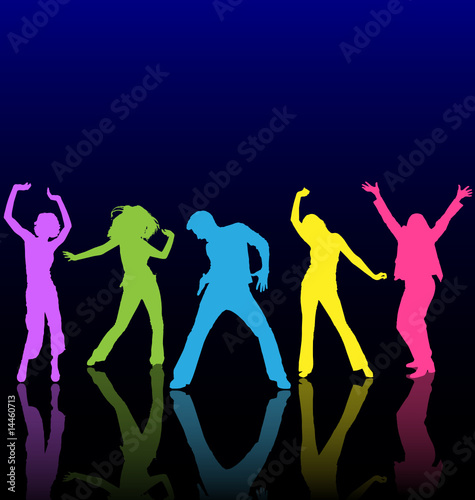 Male and female dancing colored silhouettes with reflections.