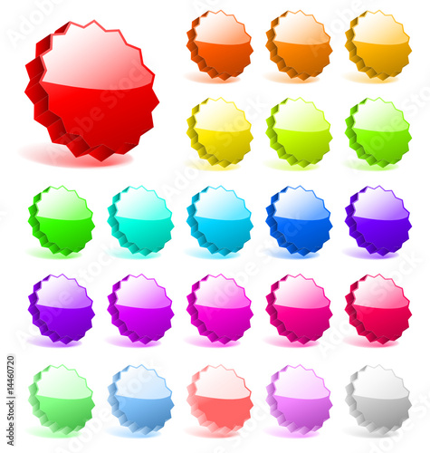 Obraz na płótnie 3D star burst glossy shiny vector elements set, different colors three-dimensional ccollection, metall glass reflection effect, editable empty space for promo, orange green, round, blank colorful w salonie