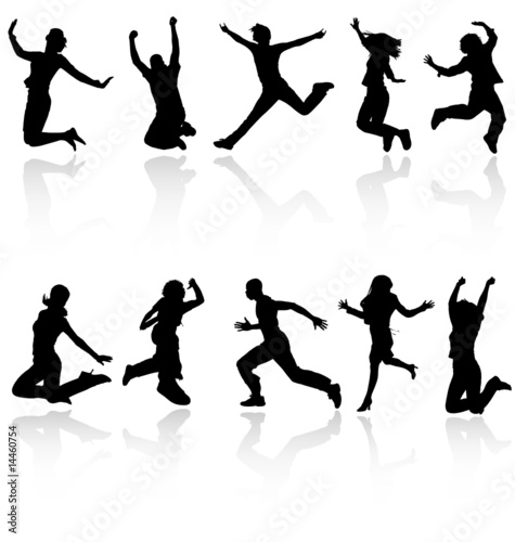 Jumping people silhouettes with reflection collection.