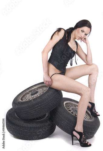 woman in lingerie over white with wheels