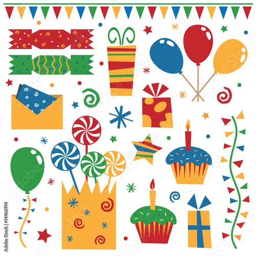collection of party objects - balloons  cakes  crackers  gifts