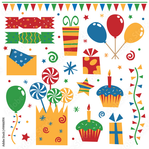 collection of party objects - balloons, cakes, crackers, gifts