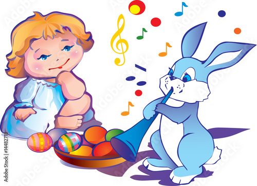 little girl with easter bunny and plate of paschal eggs