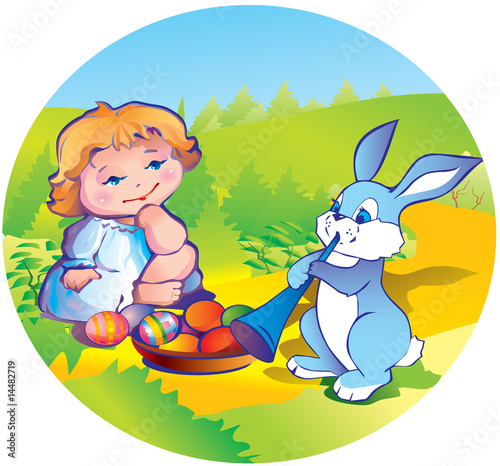 little girl with easter bunny and plate of paschal eggs