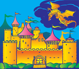 Fototapete Schloss Magic castle and dragon  © Tetiana Nikonorova