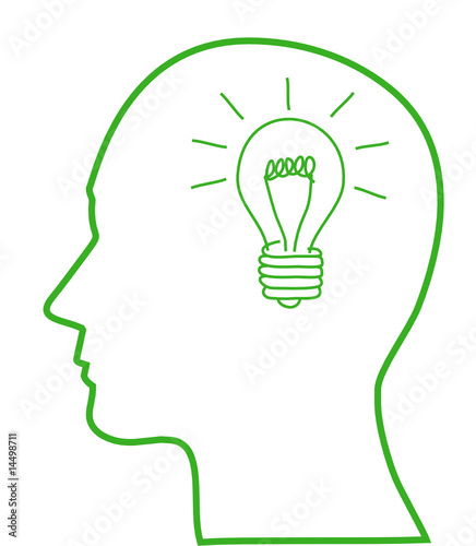 Human head with green light bulb, ecology concept