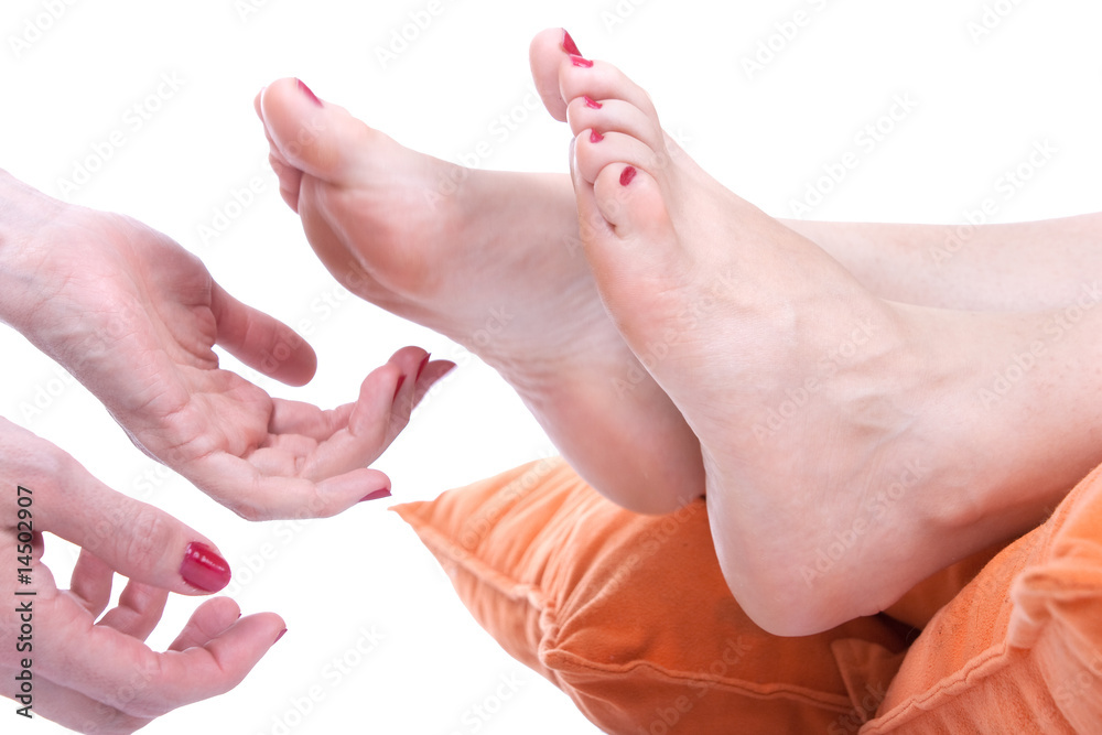 Tickling women feet and laughing hard foto de Stock Adobe Stock