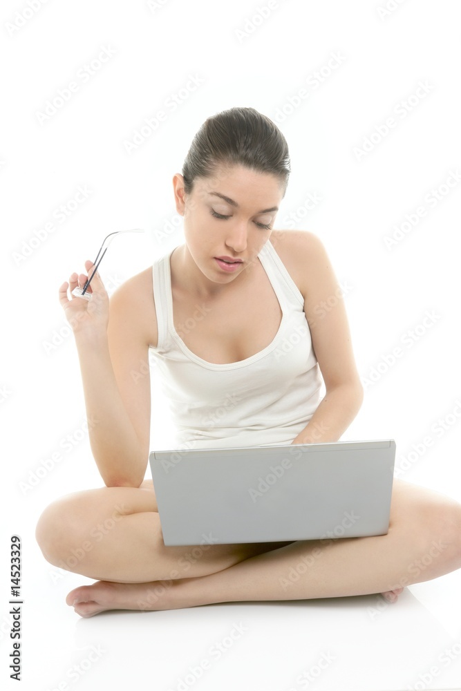 Beautiful woman working laptop on white Beautiful woman working laptop on white