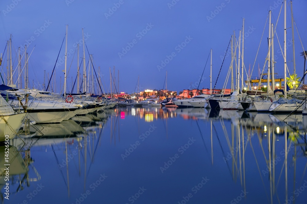 Beautiful night blue marina in Mediterranean sea