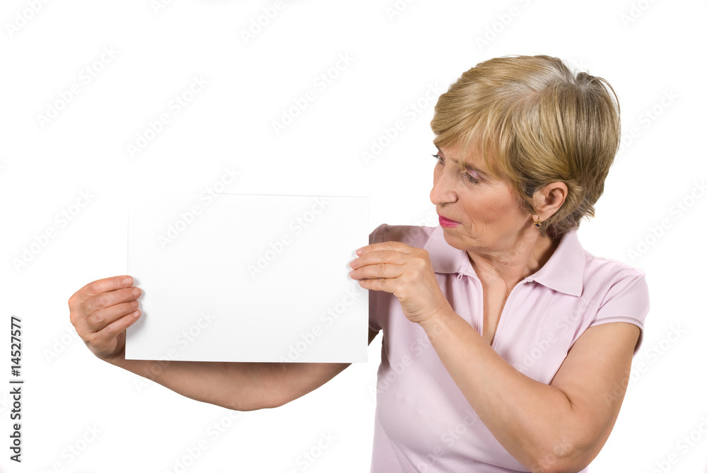 Portrait of mature woman hold a blank page Portrait of mature woman hold a blank page