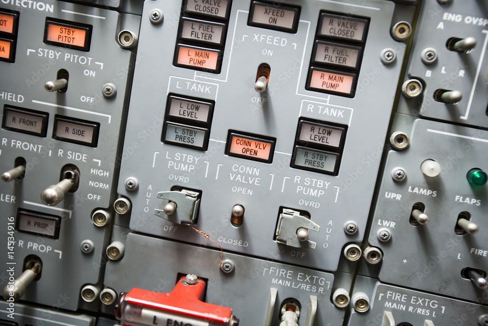 Close-up of an aeroplane cockpit panel Close-up of an aeroplane cockpit panel