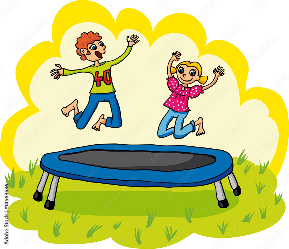Kids hüpfen auf einem Trampolin im Sommer. Stock Vector | Adobe Stock