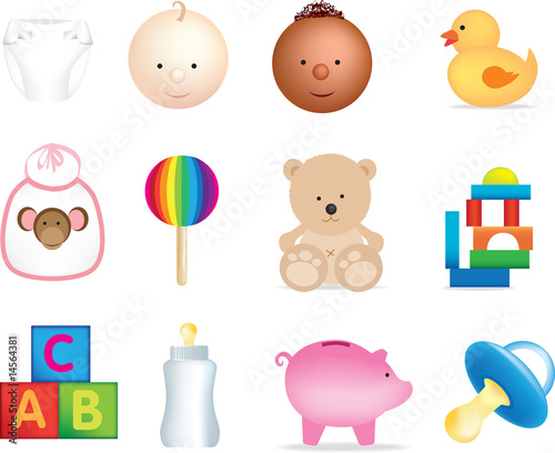 set of illustrations of baby objects and toys