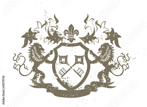 Grunge heraldic shield with lions and fleur-de-lis photo