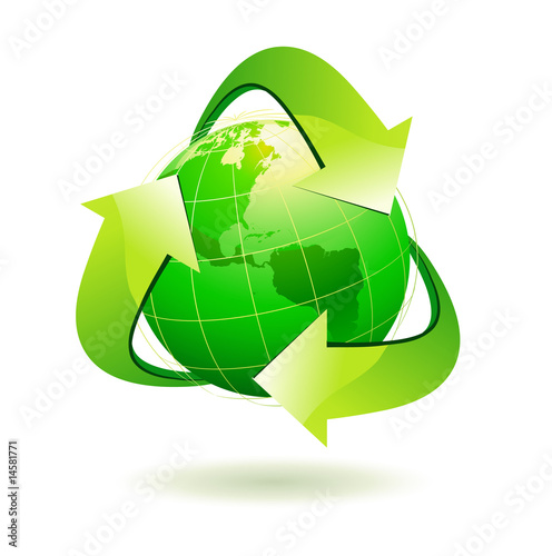 Vector illustration of green Earth with recycle symbol.