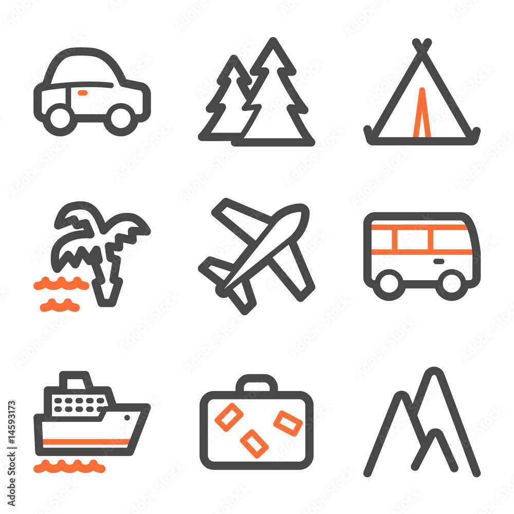 Travel web icons, orange and gray contour series