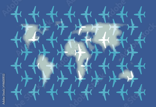 Aircraft pattern over blurred world map