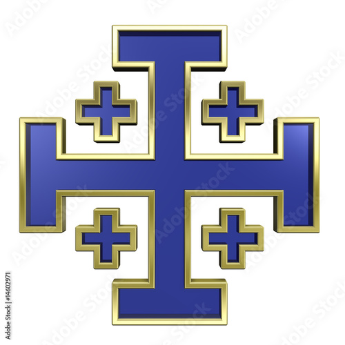 Blue with gold frame heraldic cross isolated on white.
