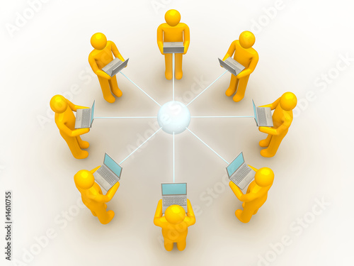 8 men using laptop network connection