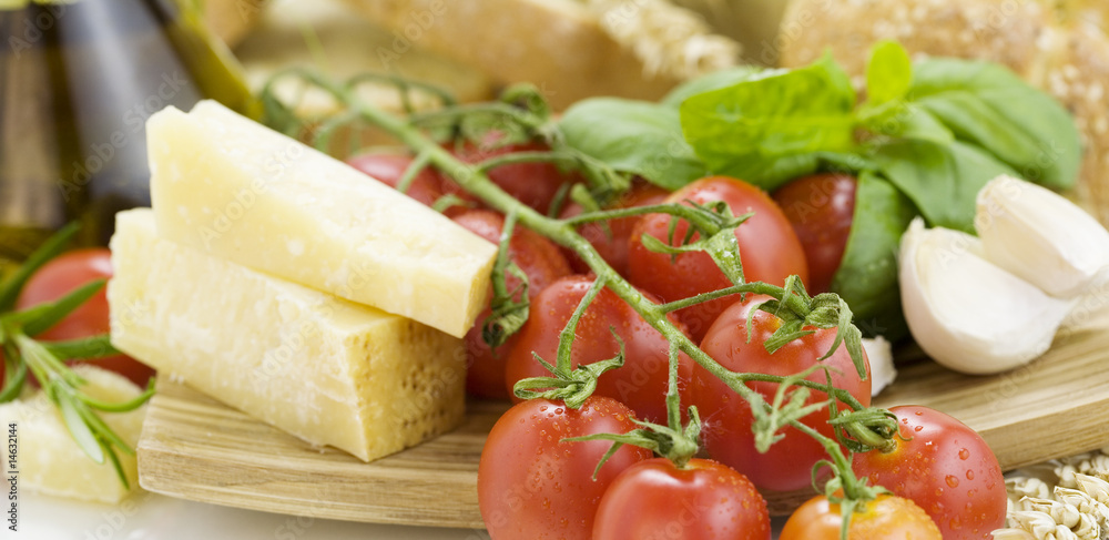 Fresh bread, herbs and vegetables