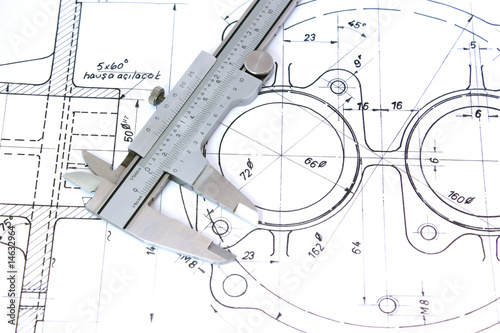 Caliper on Blueprint. Horizontal. Shallow Depth of Field