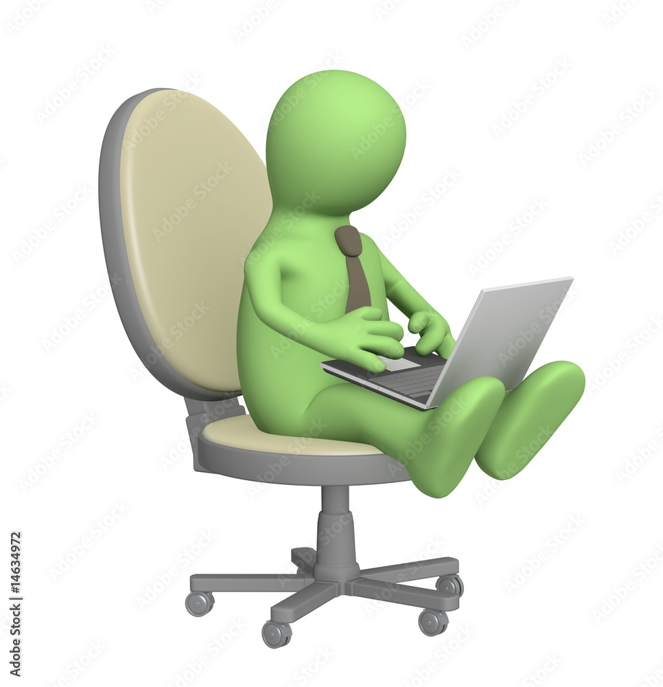 3d puppet, sitting with a laptop 3d puppet, sitting with a laptop