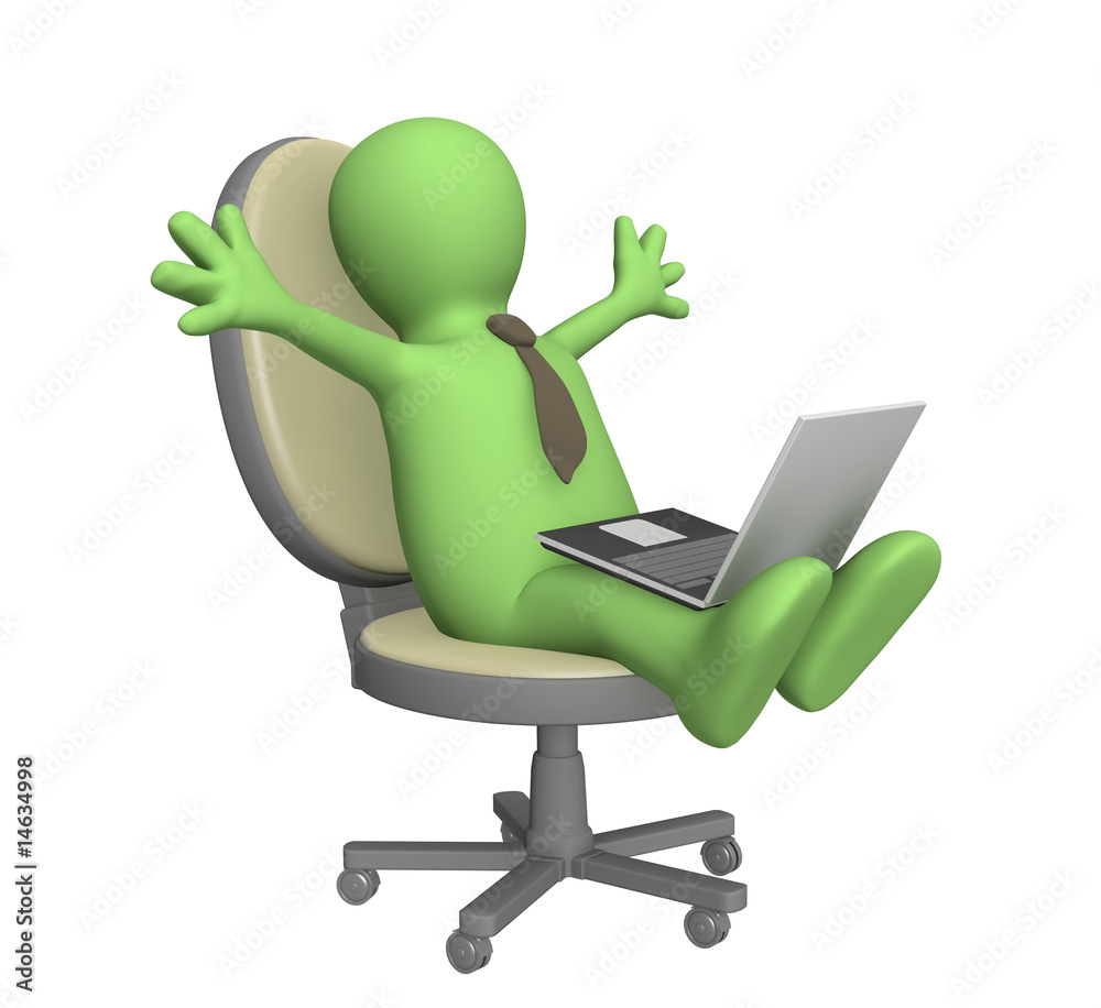 3d puppet, sitting with a laptop 3d puppet, sitting with a laptop