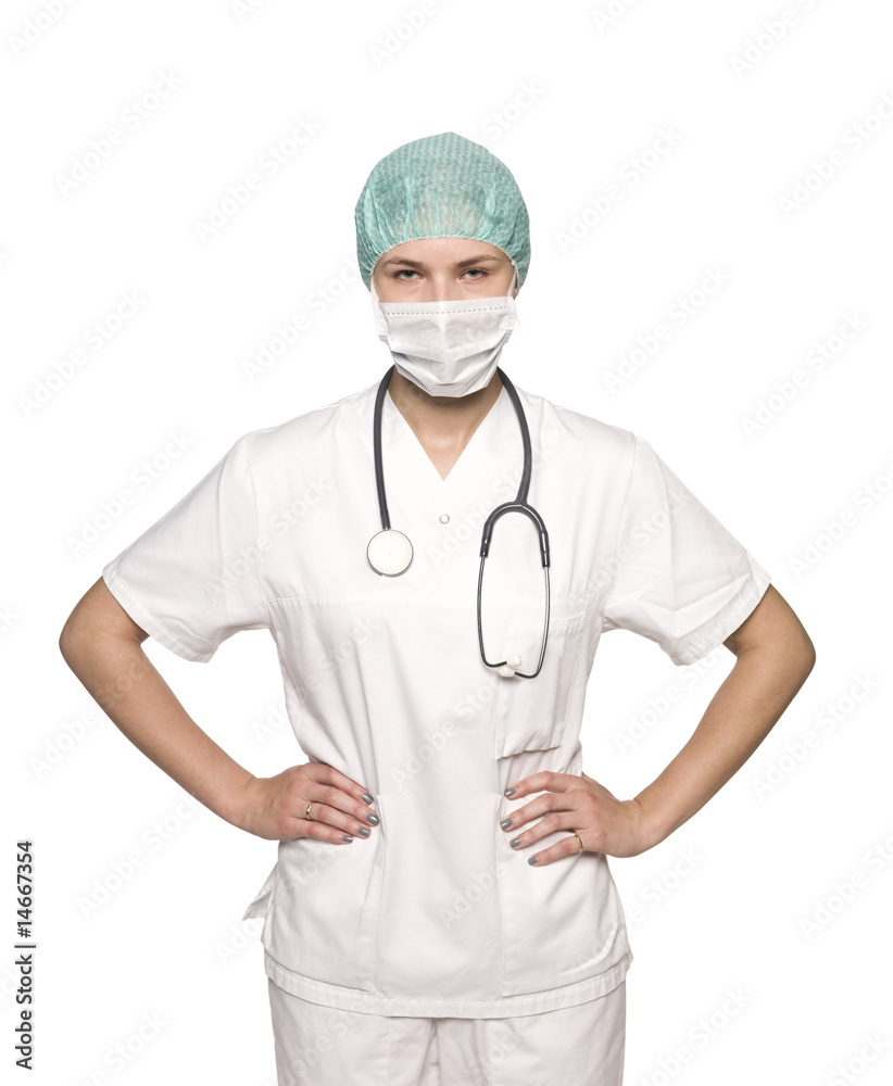 Female nurse towards white background Female nurse towards white background