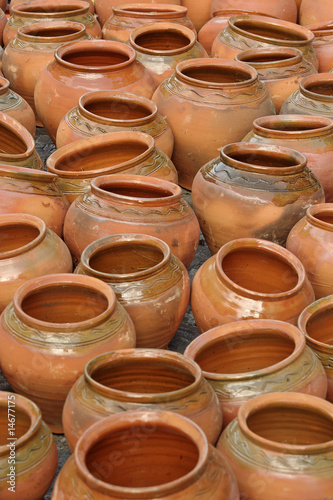 Pots on market background