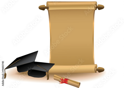 Golden scroll with mortar boards and diploma.