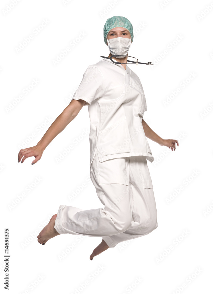 Jumping nurse with a stethoscope Jumping nurse with a stethoscope