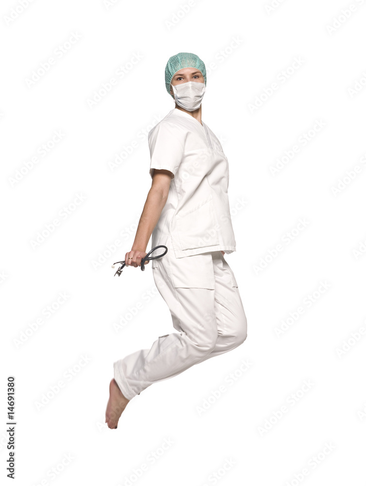 Jumping nurse with a stethoscope Jumping nurse with a stethoscope