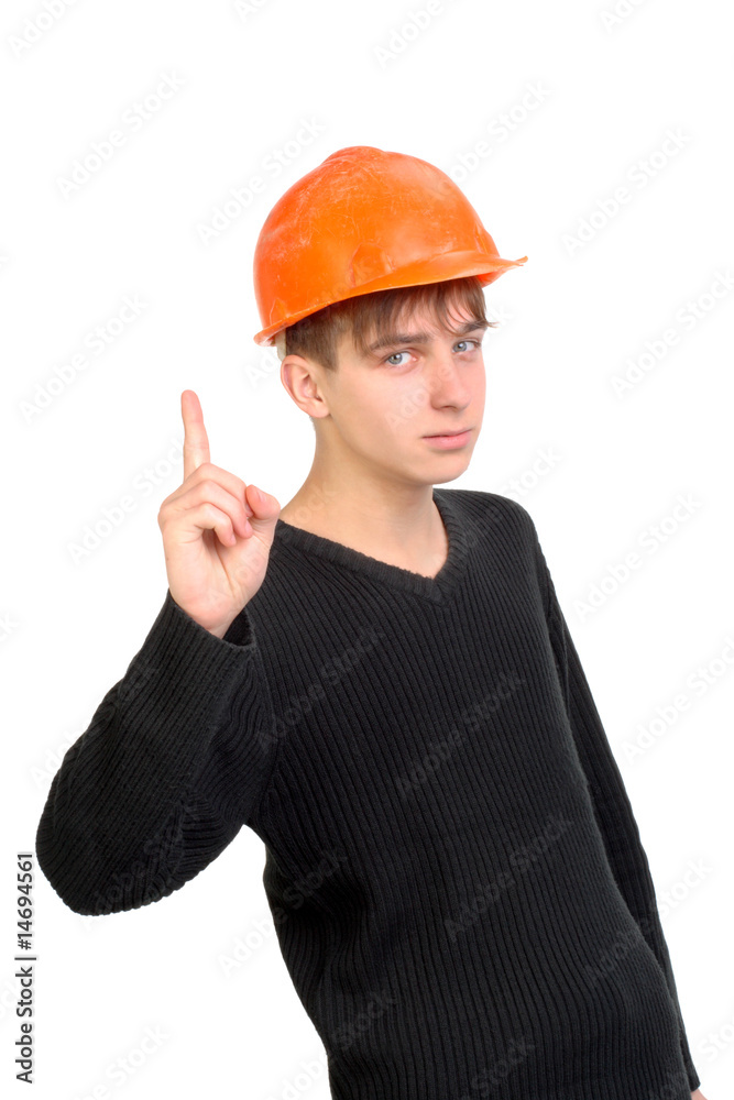 teenager in helmet with finger up