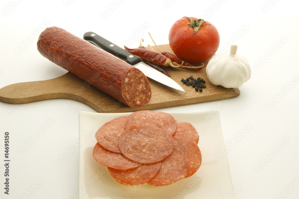 ein halbes Broetchen mit Mettwurst Salami ภาพถ่ายสต็อก | Adobe Stock