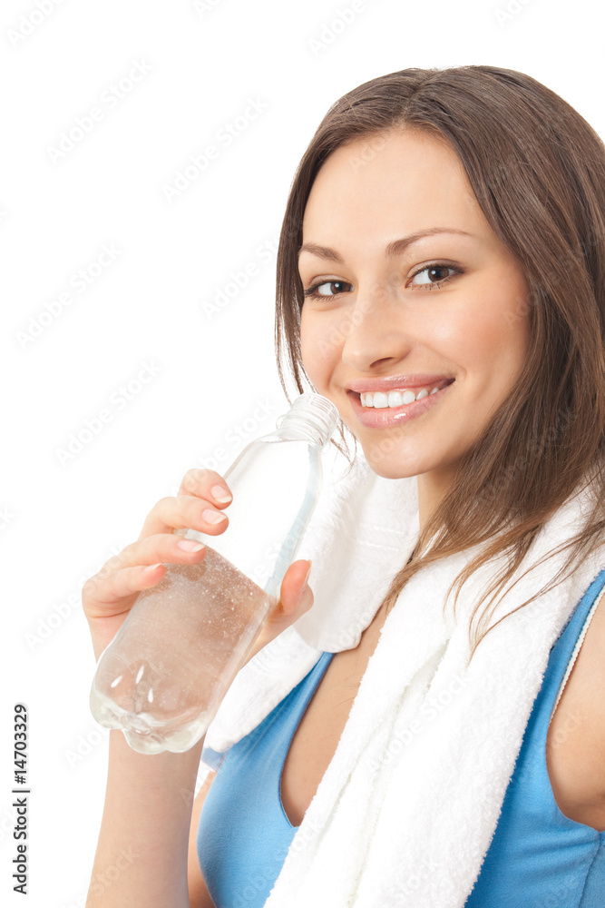 Photo of woman in sportswear with water, isolated on white Photo of woman in sportswear with water, isolated on white