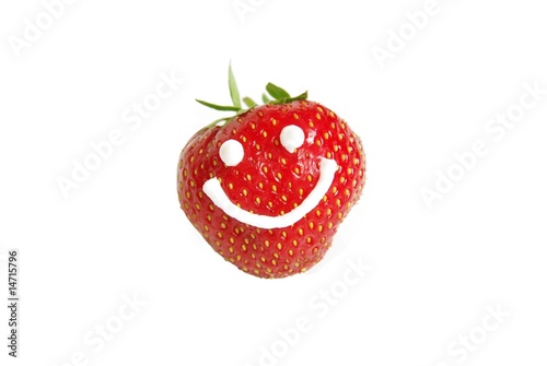 Ripe strawberry with smiley face, isolated on white