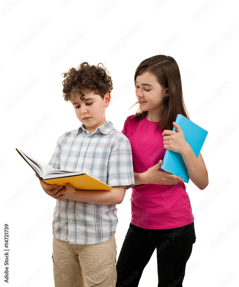 Students reading book isolated on white background Students reading book isolated on white background