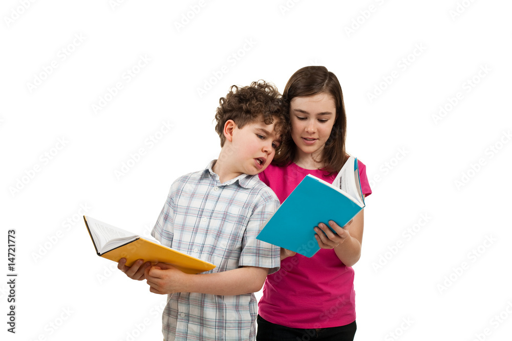 Students reading book isolated on white background Students reading book isolated on white background
