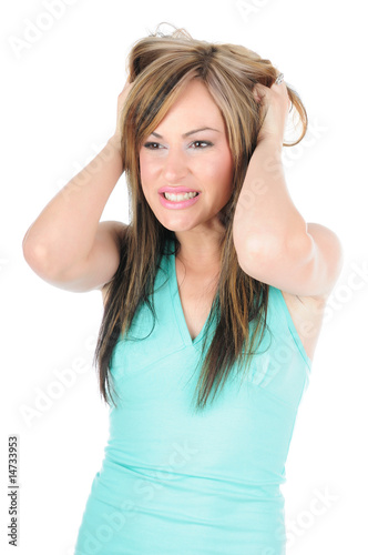Woman under stress pulling her hair