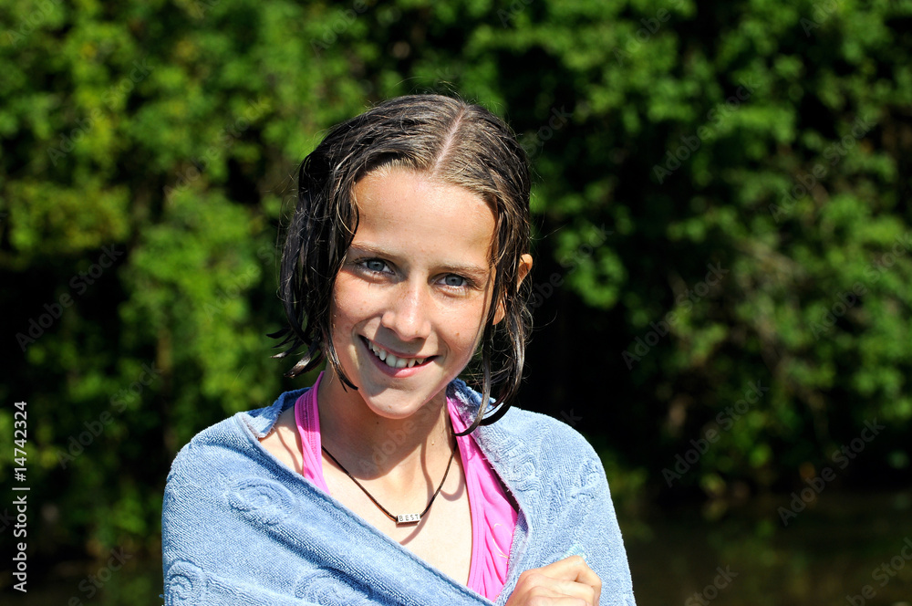 girl smiling after a swim girl smiling after a swim