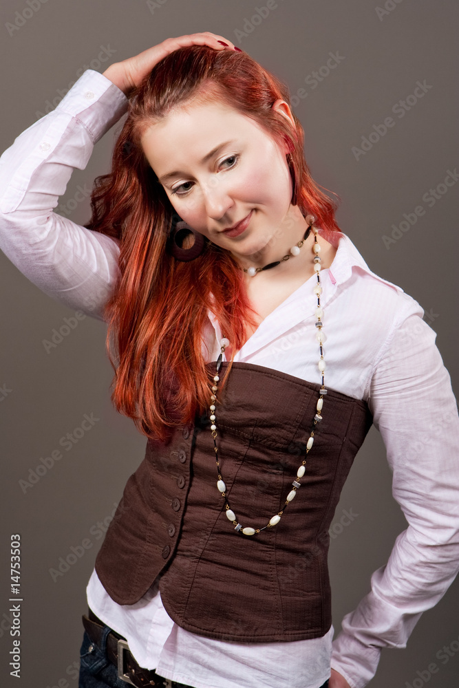 red haired girl with lifted hand isolated red haired girl with lifted hand isolated