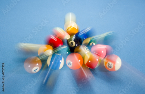 Break of an eight ball pool game rack