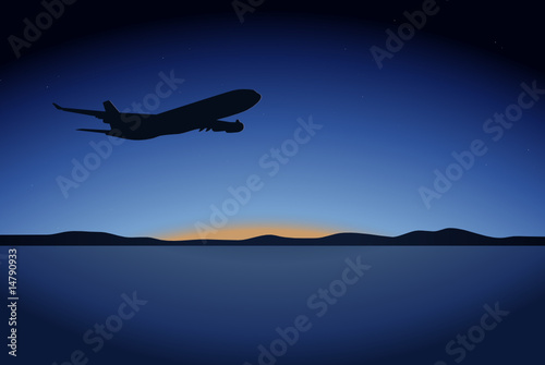 Vector night aircraft over the ocean